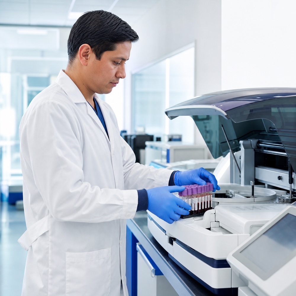 Profesional procesando muestras en un analizador clínico moderno